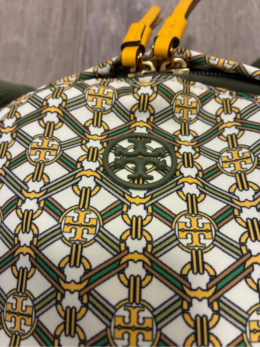 Tory Burch Printed Small Zip Backpack Yellow Green Gemini Medallion
